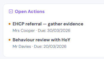 Open actions panel showing tasks with owners and due dates
